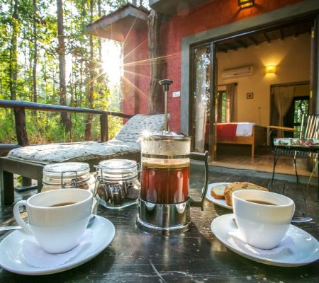 Kanha Jungle Lodge Thee & snacks op de veranda